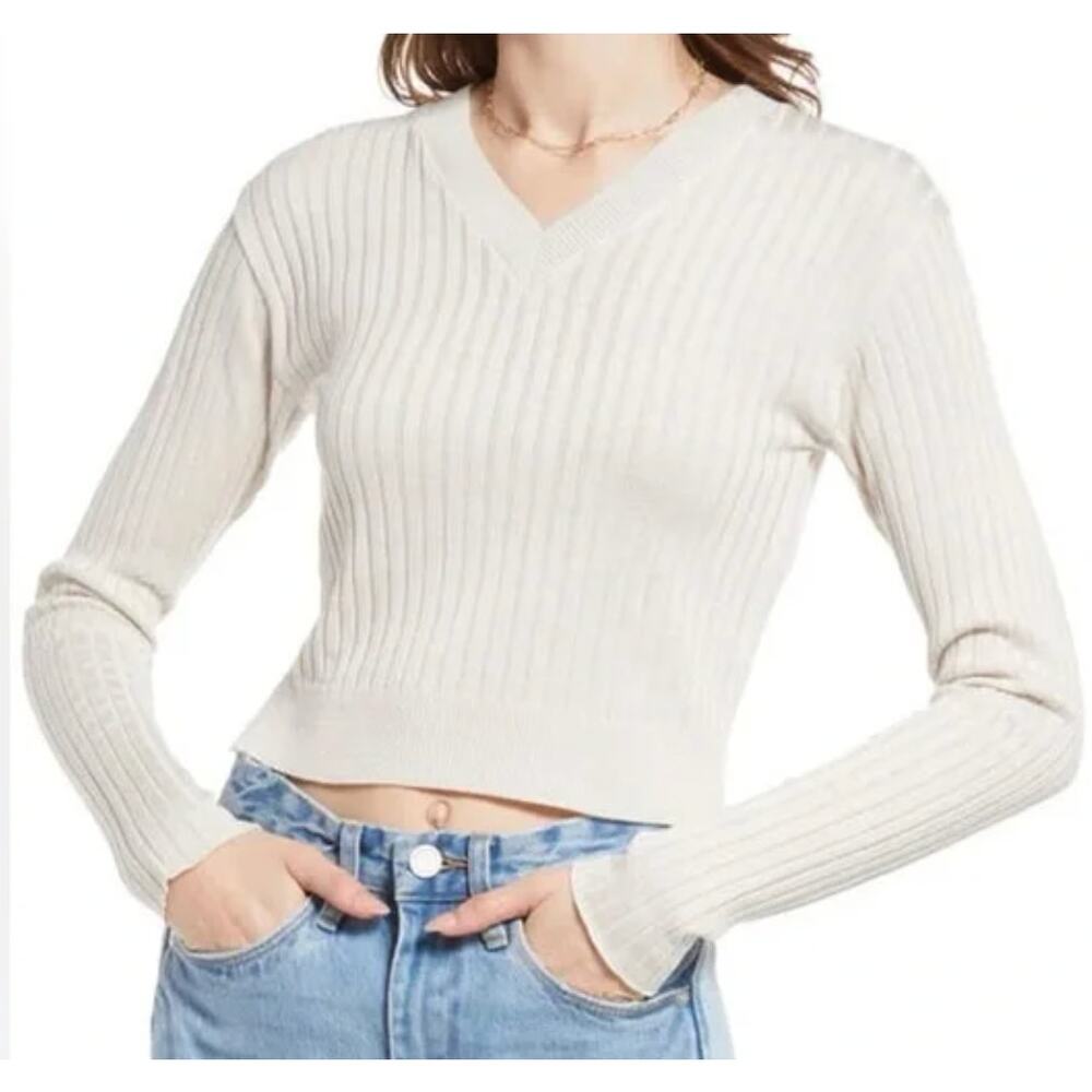 BP. Nordstrom Womens Reagan Ribbed Long Sleeve V-Neck Cropped Beige Sweater XS